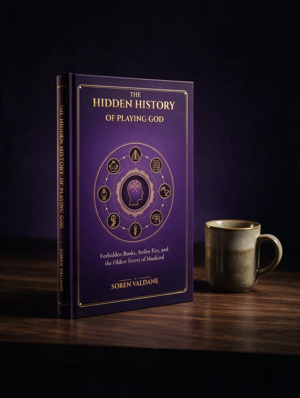 The Hidden History of Playing God, ebook edition, shown as a book next to a coffee mug