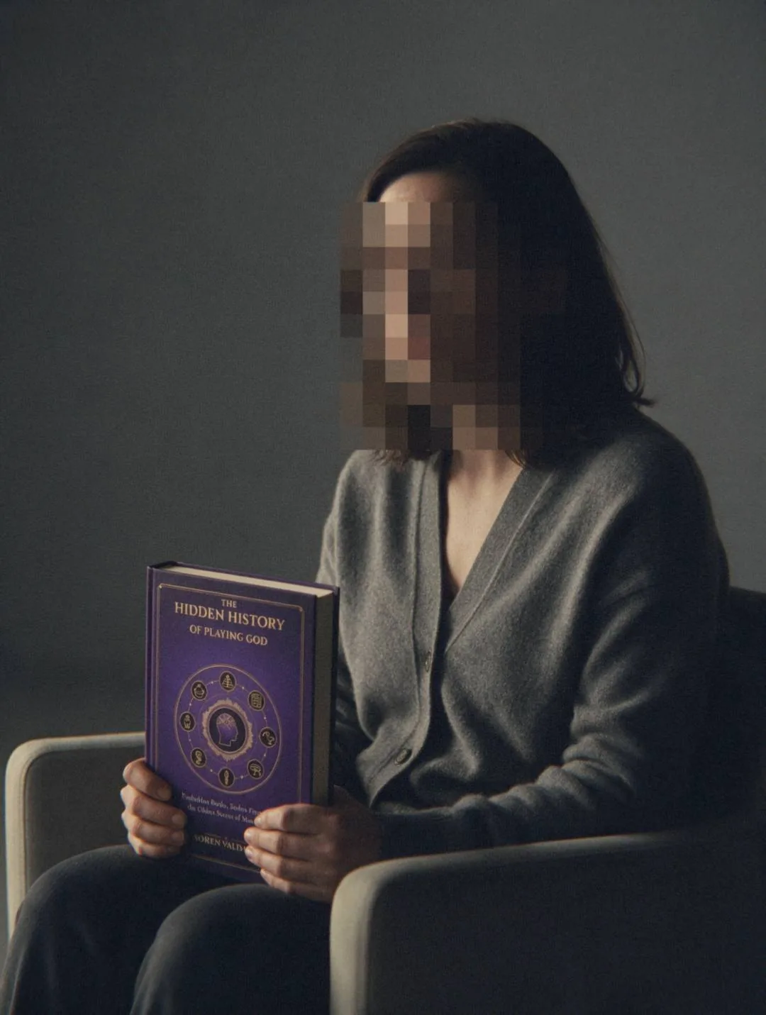 Ellie during the interview, face hidden, holding the book