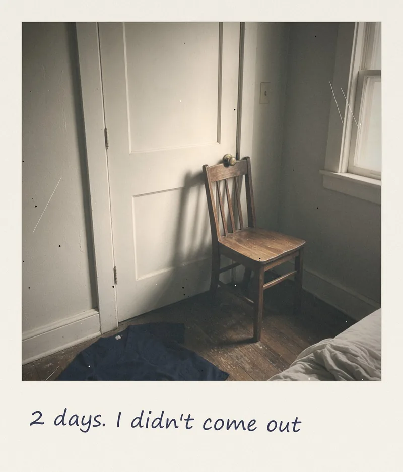Ellie's bedroom door and a chair, where she stayed for two days