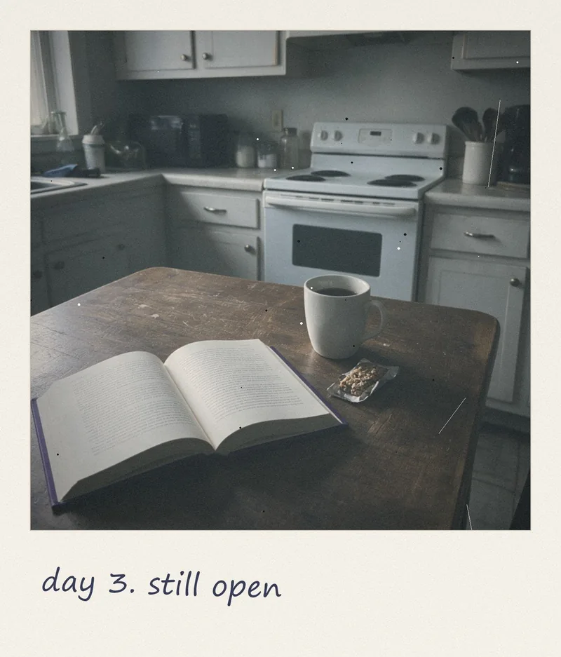 The book still open on the table on the third day